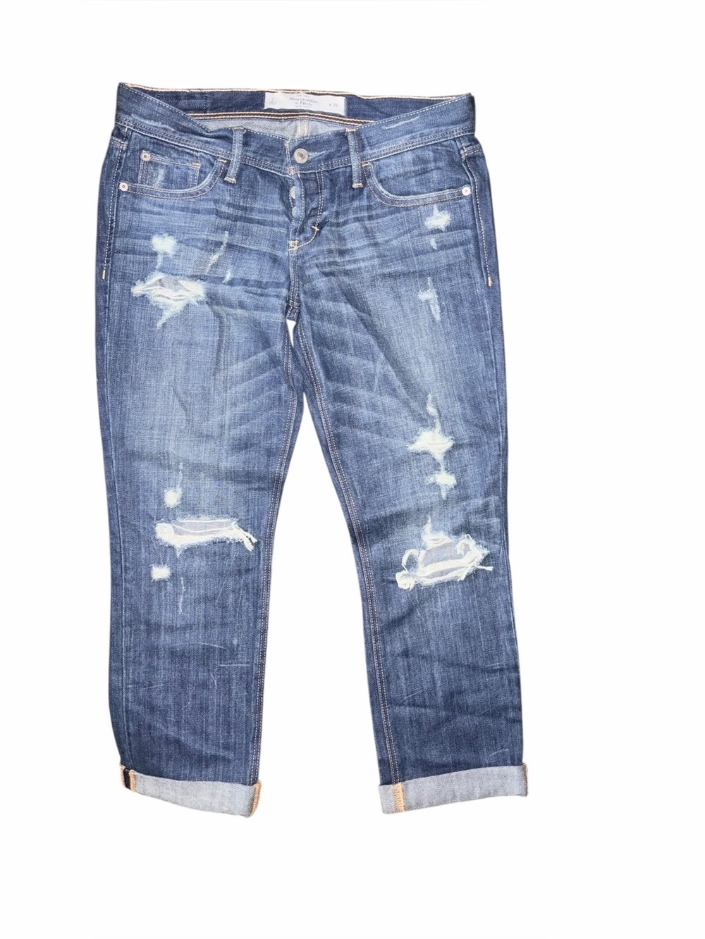 Abercrombie & Fitch Distressed Low-Rise Boyfriend Jeans - Medium Blue